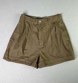 Vintage American Outpost Women Khaki Pleated High-Waisted Cotton Shorts – Size 4